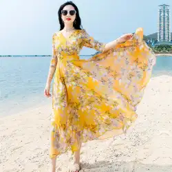2022年の新しい気質Vネックlシフォンドレス女性の夏の超ロング大スイング黄色の花柄ドレスは薄くて背が高い