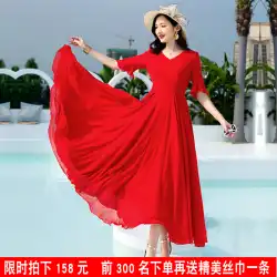 2022年新しい夏のビーチロングドレス赤いシフォンドレス女性の長い大きなスイング薄い超ロングスカートフェアリーブラック