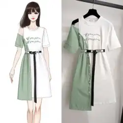 サマードレス2022新しい韓国スタイルのシャツドレス女性のミドル丈ステッチコントラストカラーシャツスカートデザインニッチ