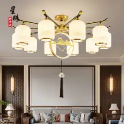 新しい中国風の全銅製シャンデリアのリビングルームランプモダンなミニマリストの寝室ハイエンドライト高級ガラスランプシェード中国風のレストランランプ