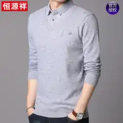Hengyuanxiang長袖Tシャツメンズフェイクツーピースシャツ襟セーターニットトレンドメンズ秋のセーターボトミングシャツ