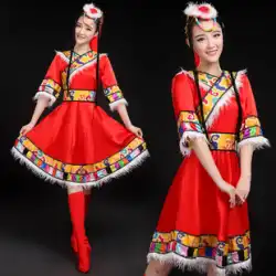 2022年の新しいチベットのパフォーマンスコスチュームエスニックコスチュームコスチュームダンスコスチュームチベットの大人の女性の毛皮のスカート