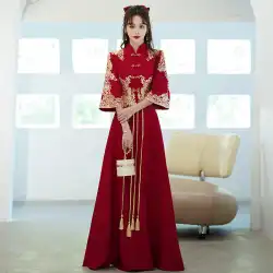 大きいサイズのトースト服花嫁夏の結婚式の婚約服中国のXiuhe服ワイン赤ロングトースト服2002