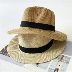 夏のシルクハット男性と女性の外国貿易カジュアルブラックリボンビッグエッジ織り麦わら帽子英国のストリートサンシェードジャズ帽子