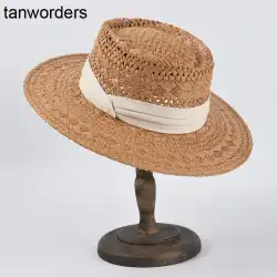 女性の夏の手織りパナマ麦わら帽子男性の凹型トップハット海辺の休暇日焼け止め日よけ帽ビーチ帽子