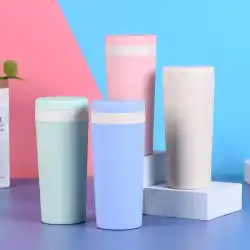 卸売二層小麦香プラスチックカップ広告印刷プラスチックストラップウォーターカップ無地クリエイティブかわいい小さな便利なカップ