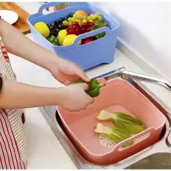 キッチン家庭用野菜洗浄バスケットプラスチック製モバイルシンクハンドル付きドレンラック洗浄野菜ブループール収納シンク