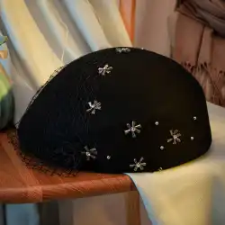 帽子女性の秋と冬の弓メッシュラインストーンウールベレー帽英国の小さな帽子ステレオタイプのエレガントなスチュワーデス帽子