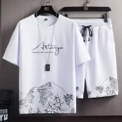 半袖Tシャツスーツメンズサマー新雪山印刷ファッショントレンド韓国版スリムフィットラージサイズスポーツツーピーススーツ
