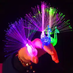輝くポップフラッシュ孔雀ノベルティ形状光ファイバーフィンガーランプギフトストールおもちゃ卸売ギフト小さなおもちゃ