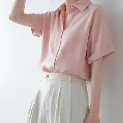 夏の薄手のサテンドレープ半袖シャツレディース和風スモールルーズオールマッチデザインシャツトップ