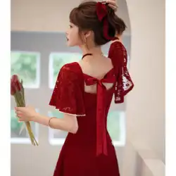 トーストドレス花嫁ワイン赤は通常夏の結婚式の婚約ドレスバックドア小さなイブニングドレス女性のレースで着用することができます