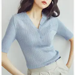 ニット半袖女性の夏の薄片2022新しいVネックスリムフィット韓国のカウンターニットセーター、トップTシャツ
