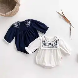 2021ins新生児ネイビースタイル刺繍カラーバッグおなら服赤ちゃん100日満月シャム服