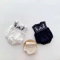 ins夏の薄い赤ちゃんノースリーブベストバッグおならロンパース女の赤ちゃん刺繍スクエアネックネイビースタイルジャンプスーツ