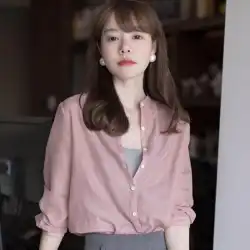 UMOOIEのマーセル化されたグレーピンクの小さなスタンドアップカラーシャツは、本当に知的で小さな女性です~~~