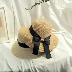 夏韓国版ファッションリボン弓レディース麦わら帽子海辺の休暇日焼け止め日よけ折りたたみ式ビーチ帽子女性