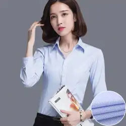 女性用長袖ビジネスシャツホワイトボトムブルーストライプスリムフィットアイアンフリープロフェッショナルウェアVネックスリムラージサイズワークウェアシャツ