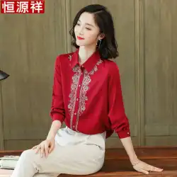 Hengyuanxiang赤いシルクシャツ女性の2021年春の新しいファッション刺繡痩身シャツ桑シルクトップ