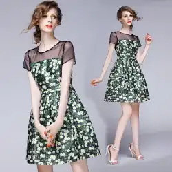 ファッションレディース2017春女性の新しいスタイルの印刷シースルーメッシュステッチウエスト-受信スリムドレスAラインスカート