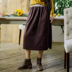 文学的な女性のコーデュロイスカート2021新しい秋と冬の伸縮性のあるハイウエスト無地のaライン膝上ロングスカート卸売