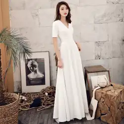 白い宴会イブニングドレス軽いウェディングドレス高貴な妖精森エレガントな長い大きなコーラス衣装女性の長いスカート