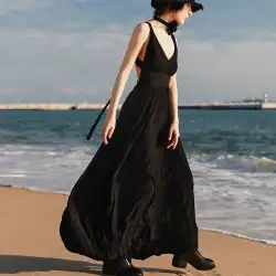 Daqinglongsiダークで薄いセクシーな背中の開いたドレス女性のレトロなサスペンダーウエストVネック大スイング小さな黒のドレス