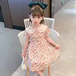 2021年夏の新しい子供服の女の子夏服レトロフラワープリントウエストレース人形の襟のプリンセスドレス