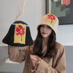 帽子女性韓国版潮顔小花漁師帽子オールマッチファッション学生ニット帽子ネット赤かわいいバケツ帽子