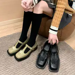 ブリティッシュスタイルの小さな革の靴女性のニッチなデザインT字型のバックルベルトはメリージェーンの靴の革の四角いつま先の厚いヒールの靴が大好きです