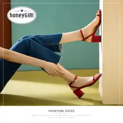 honeyGIRL2019新しい夏一言ベルトサンダル女性の赤いネット赤い厚いかかとオールマッチハイヒールの靴