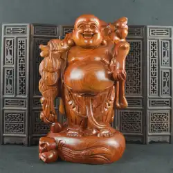 ビルマローズウッド弥勒菩薩木彫りマホガニー笑う仏居間ポーチハウスウォーミングオープニング彫刻布バッグ僧侶飾り