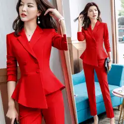赤いスーツの女性2020年秋冬年次総会はファッショナブルな気質長袖非対称スーツオーバーオールをホストします