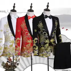 新しいメンズグリーンフルーツカラースーツジャケットパフォーマンスコスチューム歌手ステージシングルブレストスーツ年次総会刺繍パフォーマンスドレス