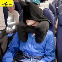 インフレータブルU字型枕ポータブルトラベルオフィスナップネック頸椎枕フード付き飛行機睡眠アーティファクト