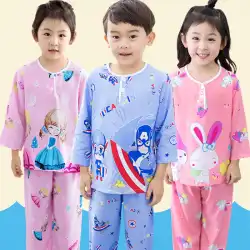 子供の綿のシルクのパジャマは、夏の赤ちゃんの中年の男の子と女の子の長袖の薄い人工綿のシルクの家庭服を設定しました