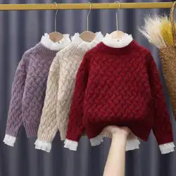 女の子の秋と冬の新しい子供服のレースの襟暖かい外国風のニットセーター子供用プラスベルベットの厚みのある女の子のボトミングセーター