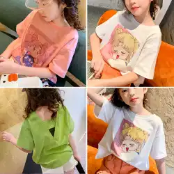 子供の漫画印刷半袖Tシャツ女の子夏服純綿中年子供用緑、白、ピンクの韓国風トップ