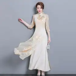 春の中国風レトロ女性の中国風自家栽培改良チャイナドレスアオザイトップ茶服七分袖ドレス