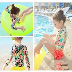 韓国の子供用水着の女の子の赤ちゃんの花長袖スプリットスカート中年の子供用日焼け止めサーフィンスーツの女の子