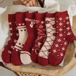 赤い靴下女性のミドルチューブ靴下日本の甘くてかわいい出生新年の結婚式暖かいウールの靴下冬のクリスマスの靴下