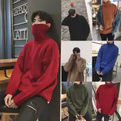 トレンディな学生の怠惰な原宿スタイルの冬のゆるい若者の小さな新鮮なニットセーターのハイネックネット赤いセーター男性韓国語バージョン