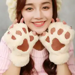 猫の足の半分の指の手袋女性の冬プラスベルベットかわいい漫画ins指なしタッチスクリーンの韓国版指なし暖かい冬