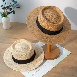 夏のラフィア織り麦わら帽子フラットトップ3つ折り韓国語版の海辺のビーチホリデー大軒日焼け止め帽子女性