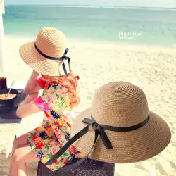 夏の薄いリボンの弓麦わら帽子日焼け止め日よけ帽ビーチ帽子女性の海辺の夏の折りたたみ式日よけ帽潮