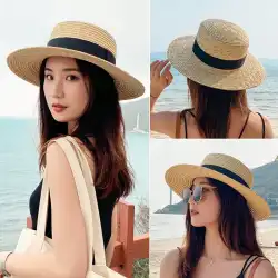 ラフィア麦わら帽子女性の夏の日焼け止め日よけ帽装飾パナマ帽子シンプルな日本のビーチhフラットトップ日よけ帽