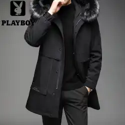 プレイボーイメンズミドル丈パイは冬の厚手のウサギの毛皮のライナーの暖かいコートシルバーフォックスの毛皮の襟のコートを克服します