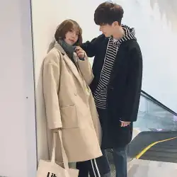 ウールプラスベルベットジャケットの韓国版男性の冬の気質のカップルはウールのコートの学生を着て中程度の長さのウインドブレーカーのトレンドを厚くします