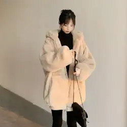 2021年の新しい韓国版のイミテーションレックスラビットファーミドル丈の厚手のフード付きコートラムフリースコート女性の冬