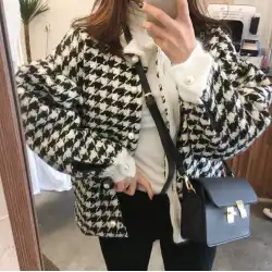2018韓国の新しい千鳥格子ウールコート女性の小さな香り秋と冬の短い黒と白の格子縞のウールコート